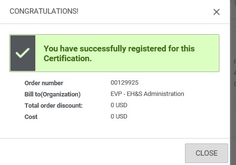 Screenshot of "You have successfully registered for this Certification" message