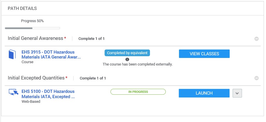 Launch (Screenshot of completed and pending courses and the launch button)