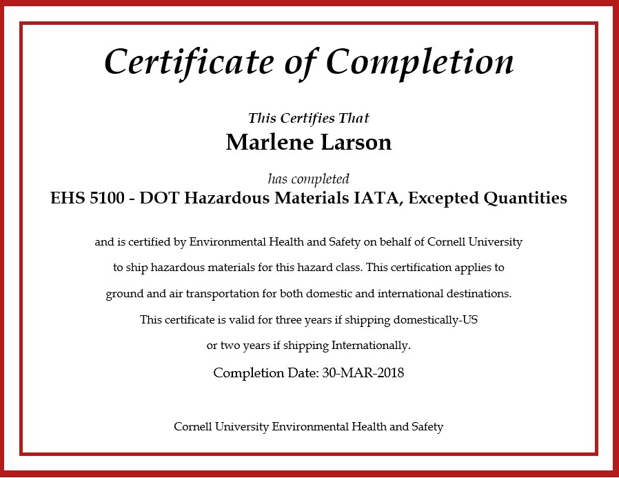 Example of a Certificate of Completion.