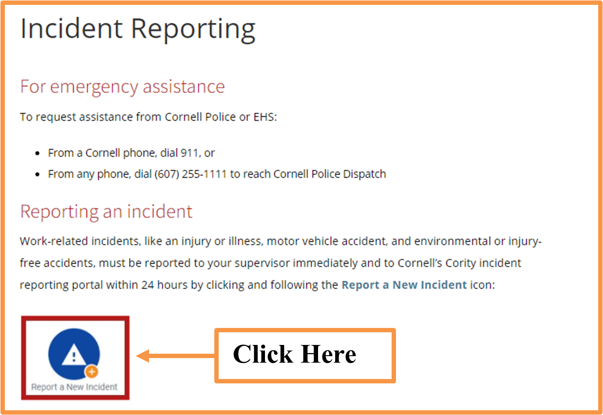 Shows what the Report an Incident button looks like in the EHS Incident Reporting system.