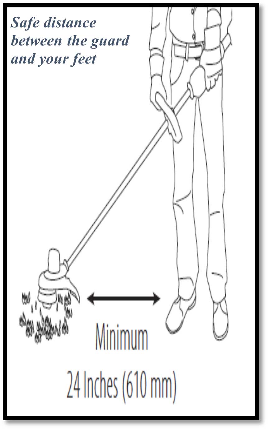 A worker holding a string trimmer to show the safety distance between the guard and your feet - Minimum 24 inches (610 mm).