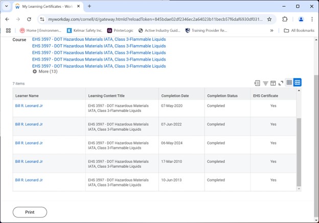 Workday Certificate Print page